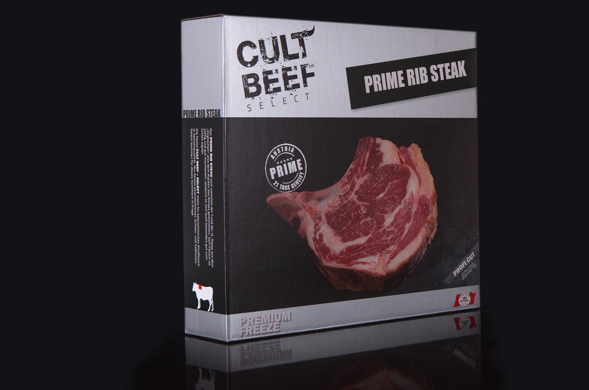 Produktfotografie - schwarzer Hintergrund - CultBeef PrimeRibSteak - Verpackung